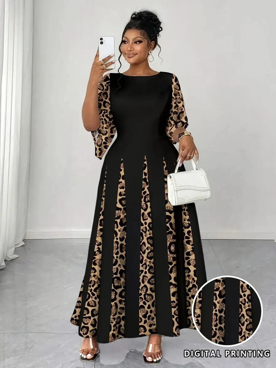 Elegant Leopard Print Maxi Dress Plus Size Fashionable Long Sleeve Gown Comfortable & Stylish Women's Clothing — image 2