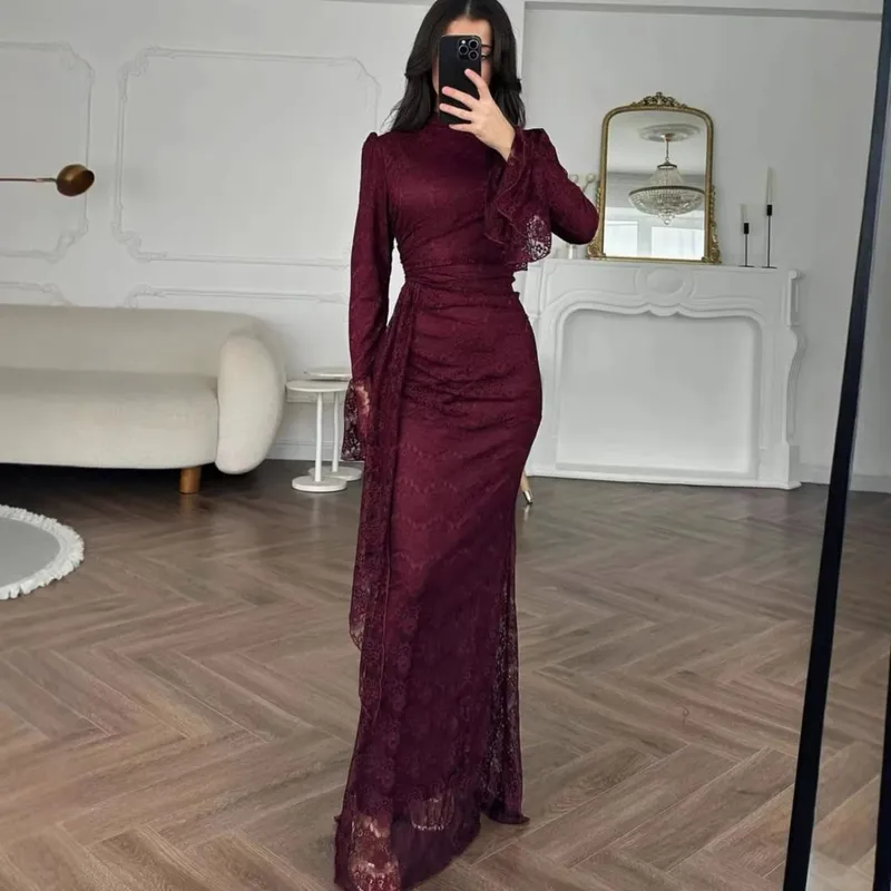 Women Lace Fitted Dresses Solid Evening Dress H Line Ankle Lenth Bell Sleeve Waist Cinch Slim Fit Party Sexy Elegant 2026 Summer — image 9