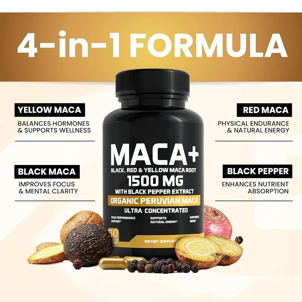 Organic Maca Root Powder Capsules 1500mg with Black+Red+Yellow Peruvian Maca Root Supplement for Men and Women - Vegan Pills