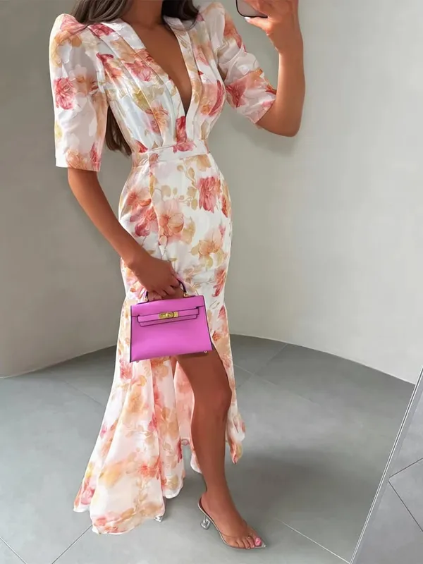 Women Chic Pink Floral Print Maxi Vestido Elegant V Neck Ruffle Trim Flare Sleeve Ruched High Chiffon Dress 2026 Party Outfit — image 20