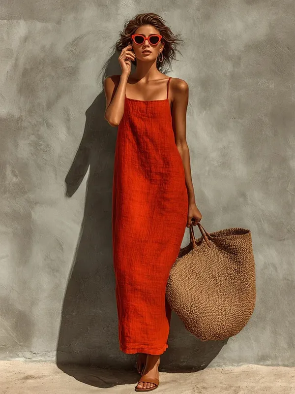 2026 Summer Women Cotton Linen Spaghetti Strap Maxi Dress Solid Color Loose Sleeveless Slip Long Dress Bohemian Beach Vacation S — image 4