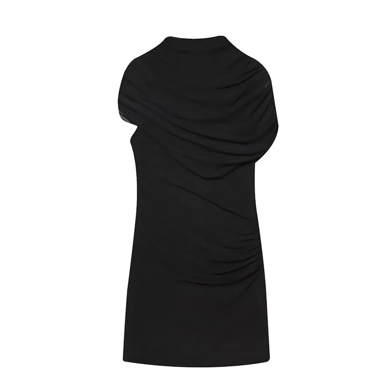 Elegant Mesh Shawl Short Dress Women Pleated Half High Collar Sleeveless Female Dresses 2026 Spring Lady Chic Party Gowns New — image 10