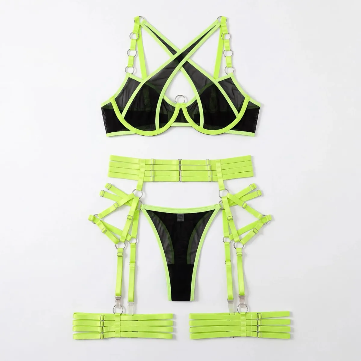 Neon Green Cross Strap Lingerie Set Underwire Bra Garter Belt Thong Leg Garters Women Erotic 4 Piece Nightwear Intimates — image 1