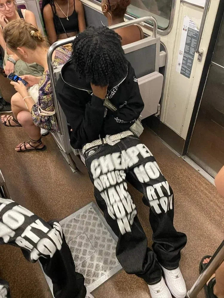 Y2k Wide Leg Jeans 2026 New Trend Hip Hop Letter Printed Black Pants Men Women Fashion Punk Loose Straight Trousers Streetwear — image 2