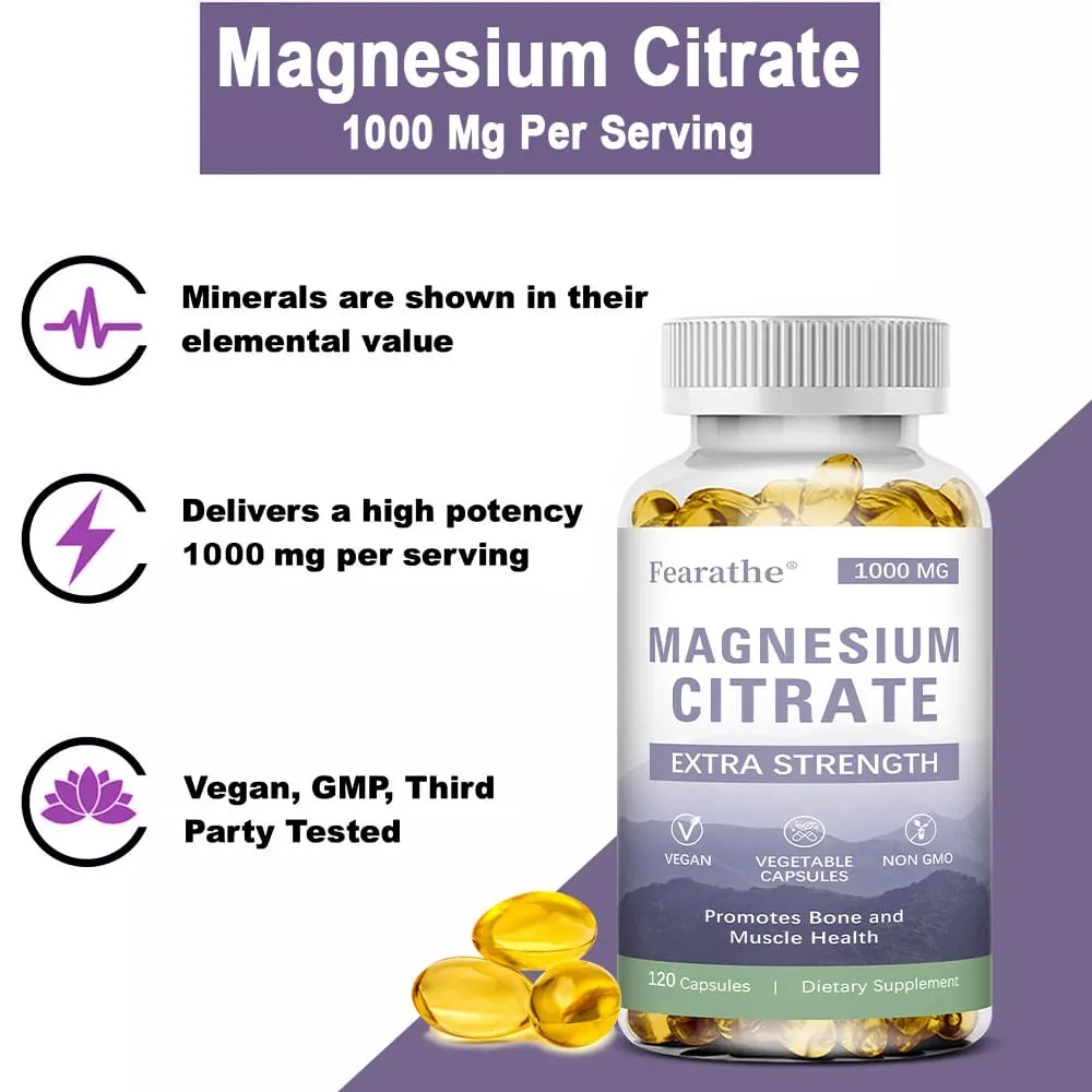 Magnesium Citrate Capsules - Dietary Supplement for Muscle Nerve Bone and Heart Support - Gluten Free Non-GMO - 120 Capsules