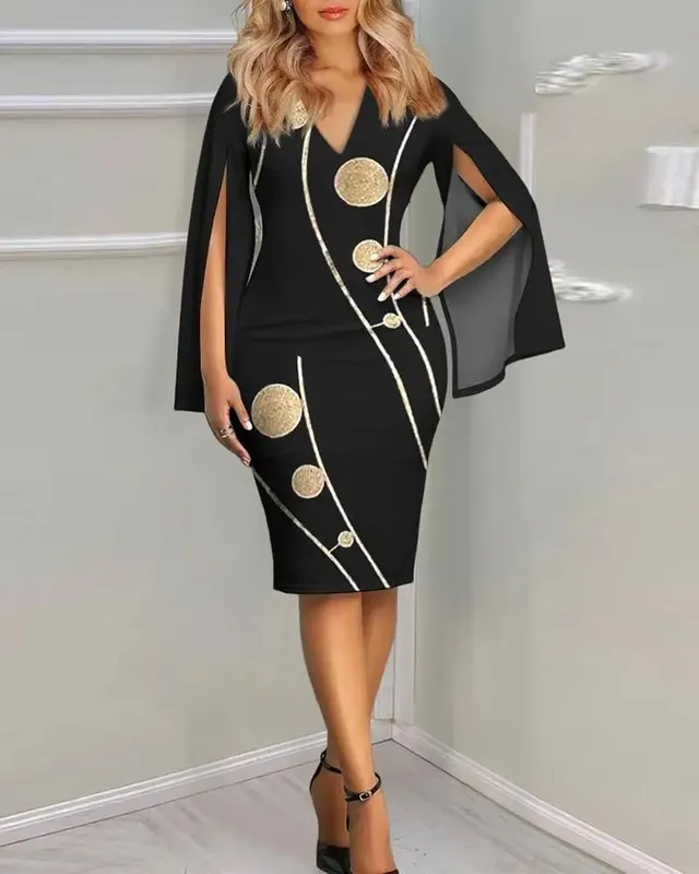 Women's Sunflower Print Midi Dress - Sexy V-Neck Bodycon Dress with Cape Sleeves for Summer Party