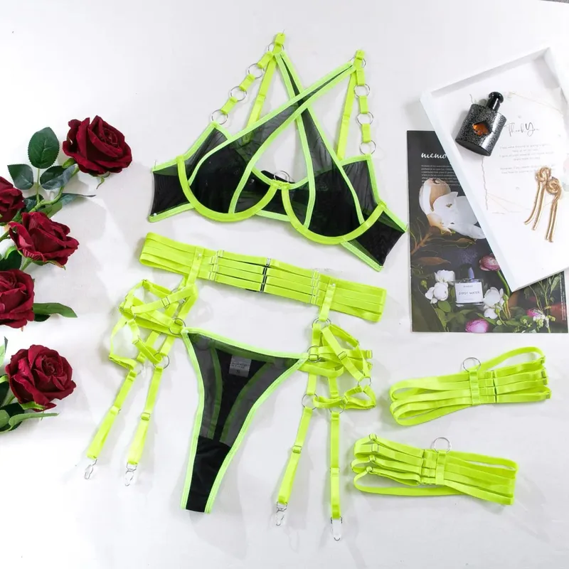 Neon Green Cross Strap Lingerie Set Underwire Bra Garter Belt Thong Leg Garters Women Erotic 4 Piece Nightwear Intimates — image 7