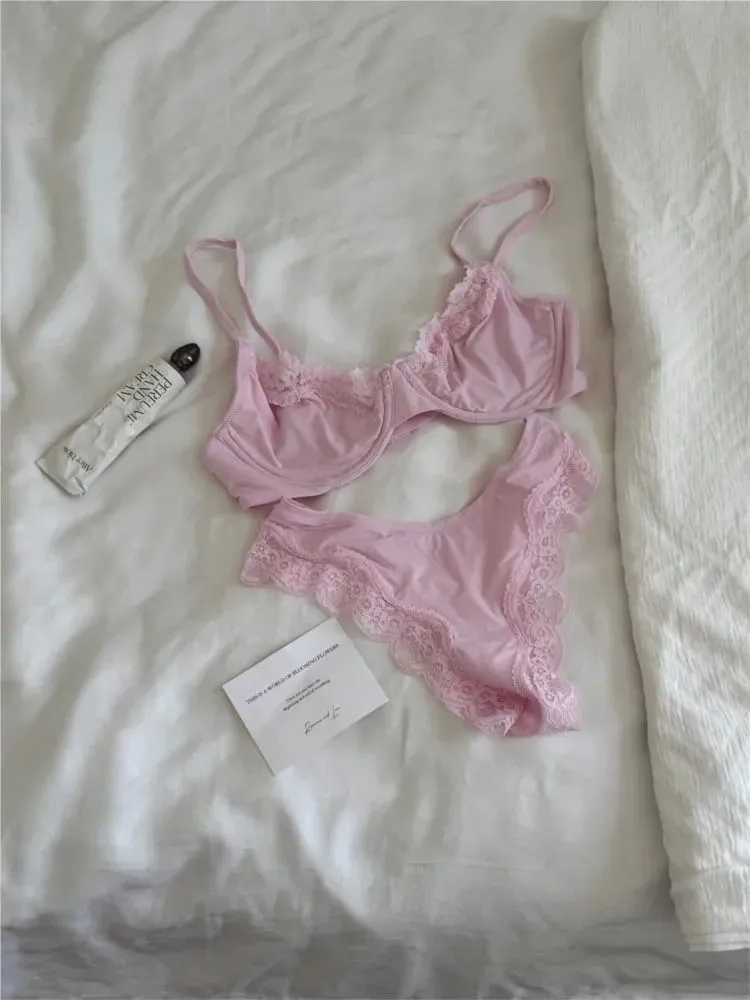 Pink Unlined Full Cup Bra Set Underwire Lace Trim Lift Comfortable Minimalist Seamless Skin-friendly Everyday Bras and Panty — image 5
