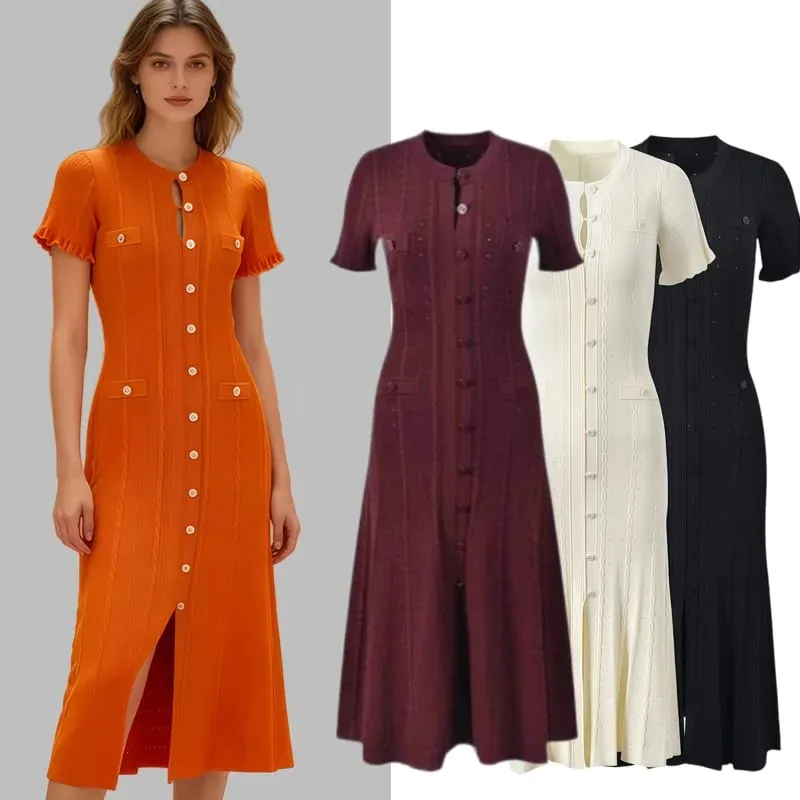 Elegant Knitted Dress round Neck Short Sleeve Hollow out Long Dress Ribbed Single Button Knitted Dress Fashionable Commute Style — image 2