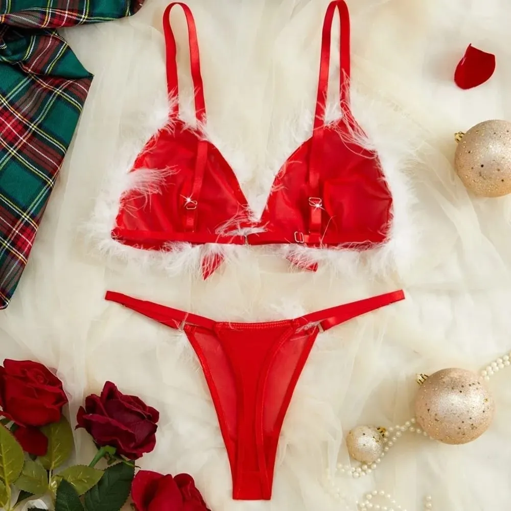 Furry Women's Underwear Wireless Bow Decor Lingerie Set Mesh Transparent Romantic Intimate Bra Panties Suit Anniversary — image 3
