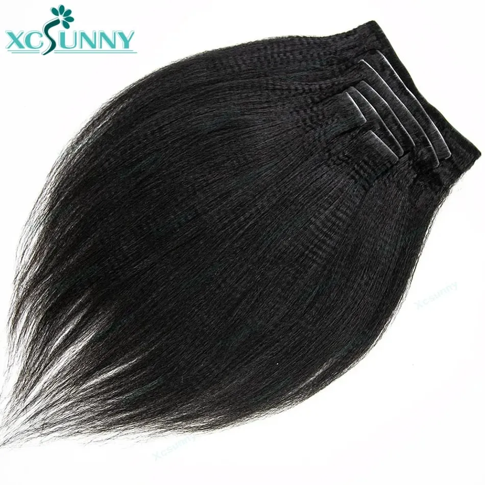 Invisable Edge Clip Ins Human Hair Extensions Yaki Straight Injected PU Tape Weft Clip In Hair Extensions 7Pcs/set Clip on Hair — image 4