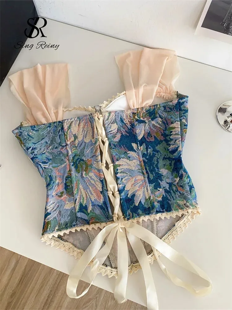 American Retro Print Evening Camisole Female Strap Lace Spliced Slim Top 2025 Streetwear Floral Vintage Beach Tank Top — image 6