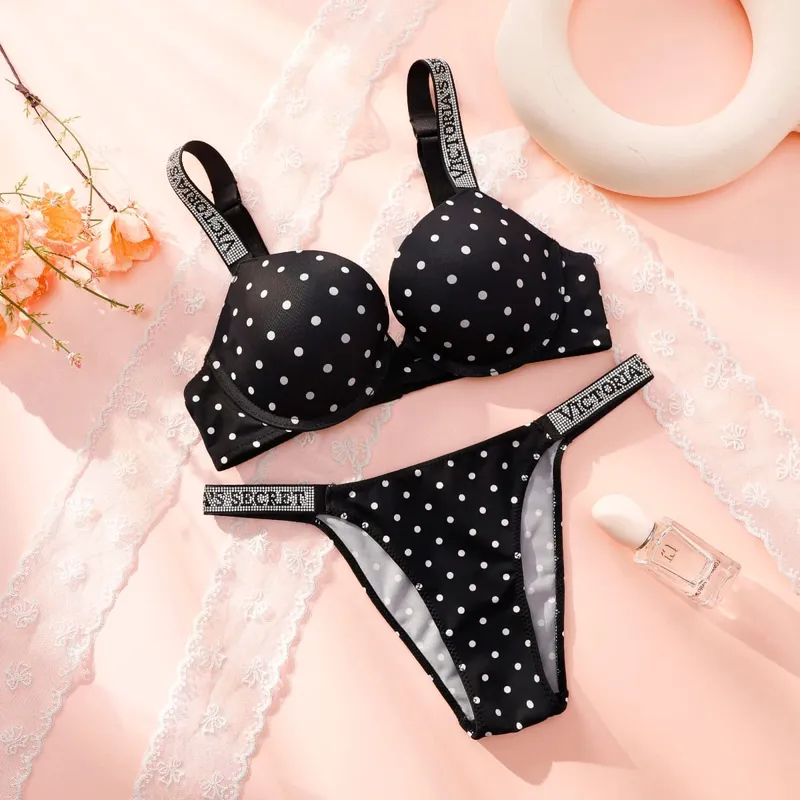 Victoria Secret Very Sexy Shine Script Polka Dot Push Up Bra Shine Script Thong Panty Set Women Sexy Lingerie Hot