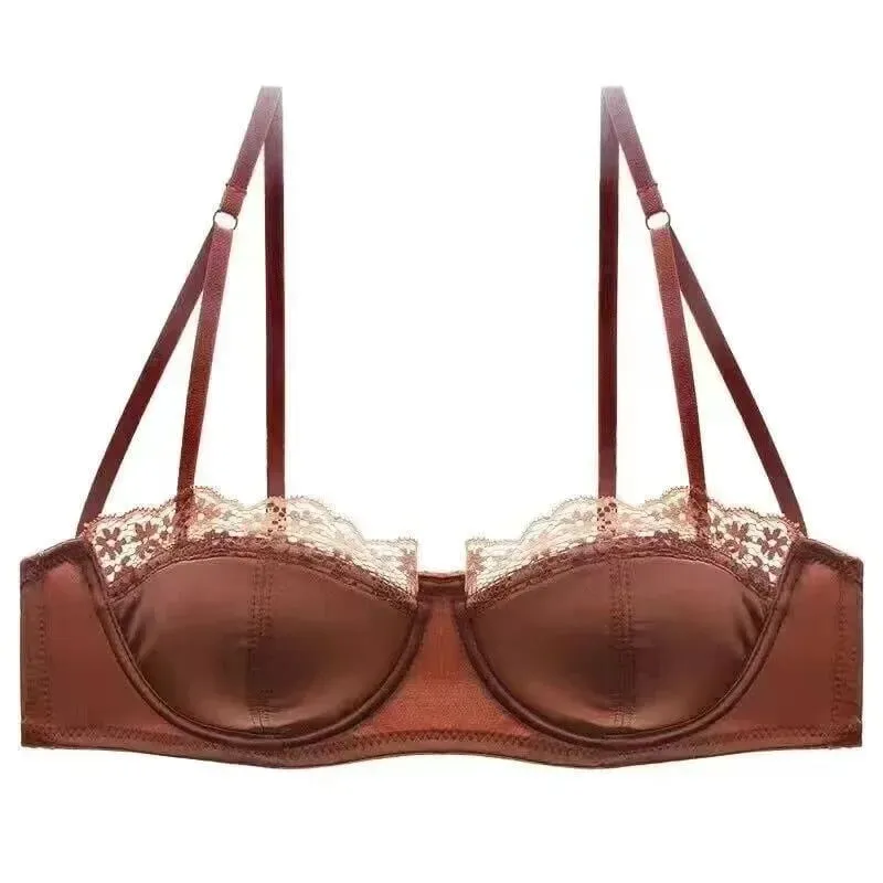 Sexy Satin Half Cup Bra Set with Steel Ring Thin Comfortable Upper Support Green Lace Edge Glossy Lingerie for Women — image 10