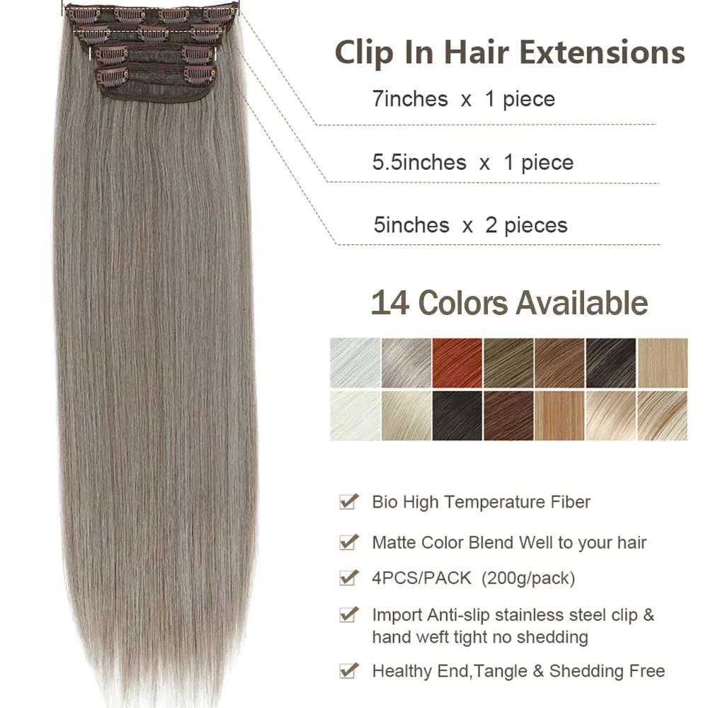 4Pcs 24 Inch Clip In Hair Extensions 200g Colored Brown Blonde Synthetic Heat Resistant Straight Hairpieces Thick Ends For Women