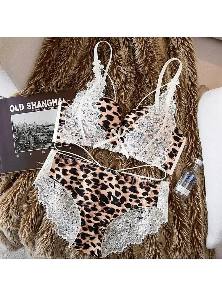 Women Leopard Lace Lingerie Set 32‑38AB Wireless Push‑Up Bra Side Breast Support Anti‑Sag Sexy Pure Desire Underwear