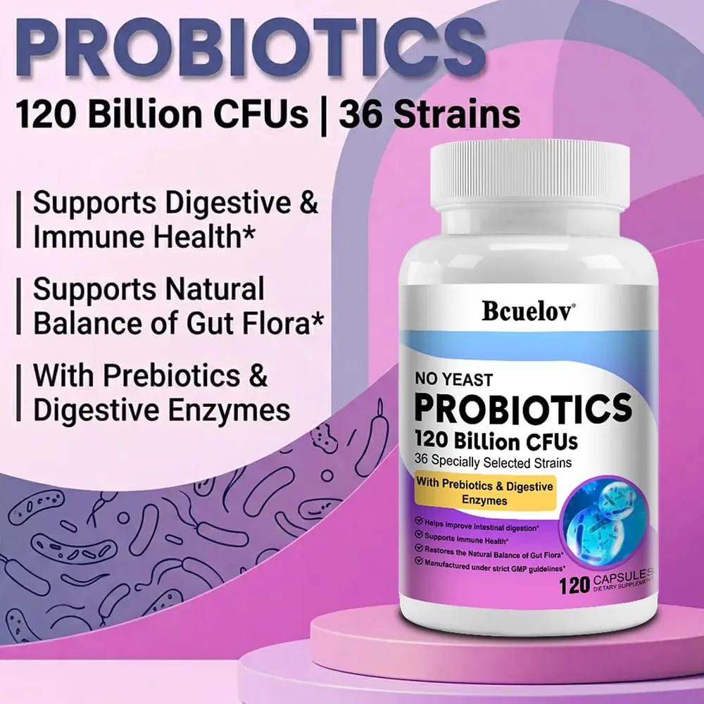 Probiotics 120 Billion CFU 36 Strains + Prebiotics + Digestive Enzymes Gut Digestion & Immune System Support Regulates Mood