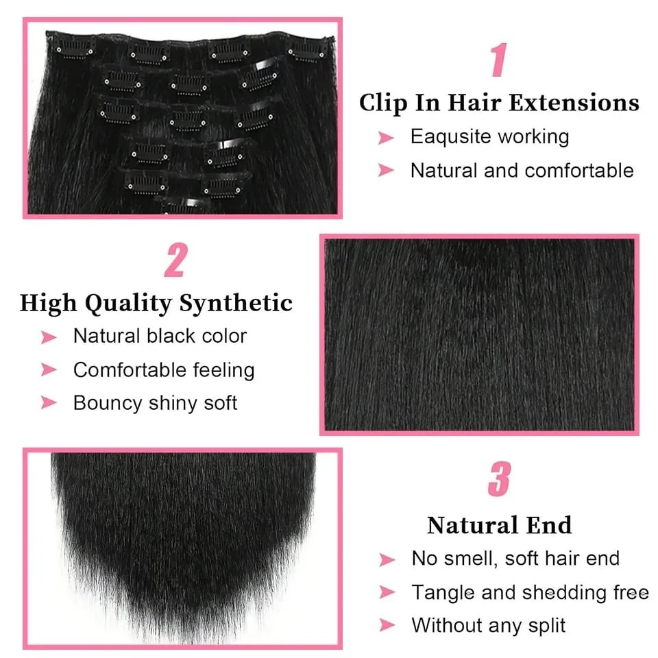 Yaki Straight Clip In Hair Extensions Synthetic Hairpiece For Women 7 Pcs Long Kinky Straight Soft Thick Hair Extensions — image 3