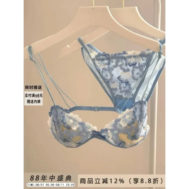 French Style Triangle Cup Bralette Embroidered Lace Wireless Hollow Out Pure Desire Lingerie Set CA MOYIU Sexy Bra Panty & Tushy — image 5