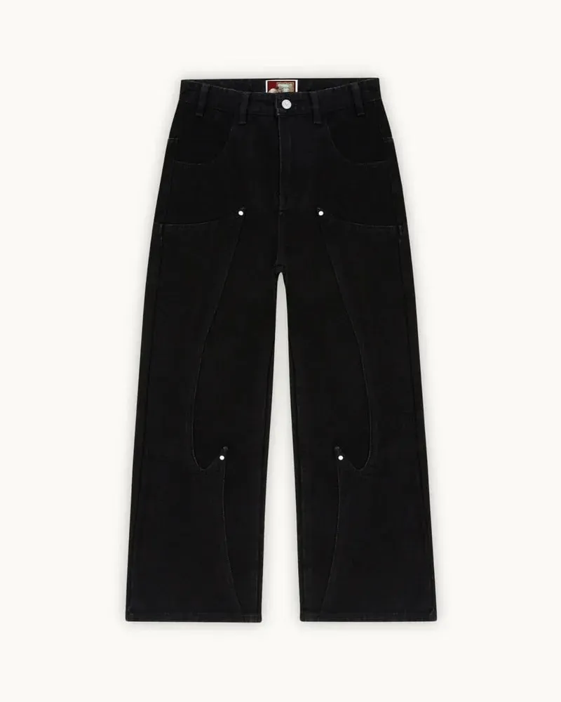 Y2K Black Baggy Cargo Jeans Men Horse Back Pocket Embroidery Cursive Wild Ride Distressed Cut Out Wide Leg Casual Denim Trouser — image 4