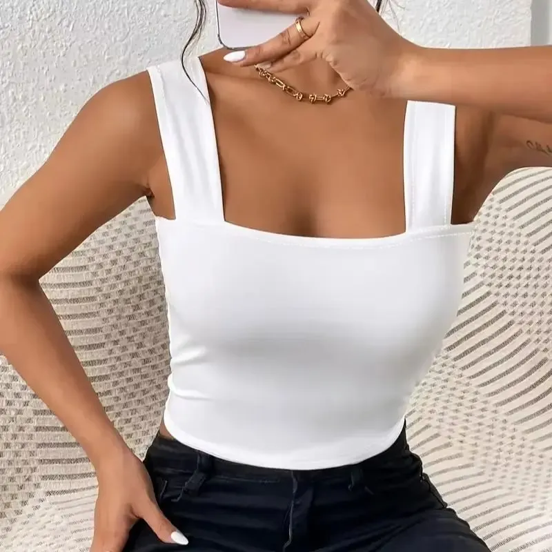 Women White Square Neck Wide Strap Cropped Cami Top Slim Fit Solid Sleeveless Tank For Summer Daily Denim Matching Street Casual