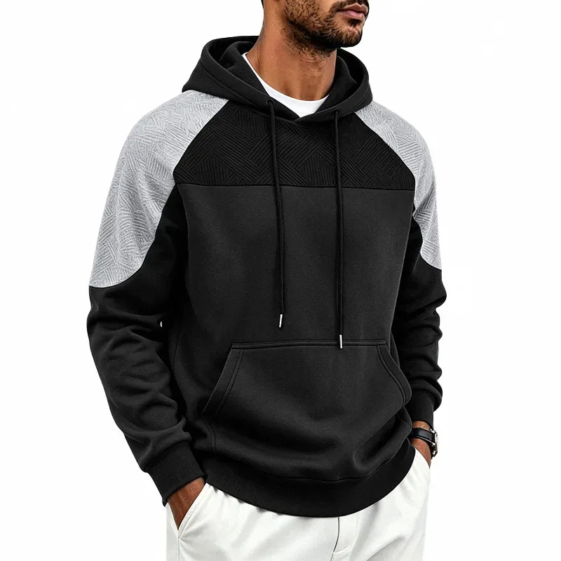 Autumn Winter Men Color Block Raglan Hoodie Textured Chest Panel Drawstring Kangaroo Pocket Loose Casual Streetwear Sweatshirt — image 22