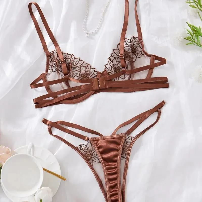 High-End Floral Embroidered Underwire Bra Set Women's Mesh Unlined Bra + Panties — image 2