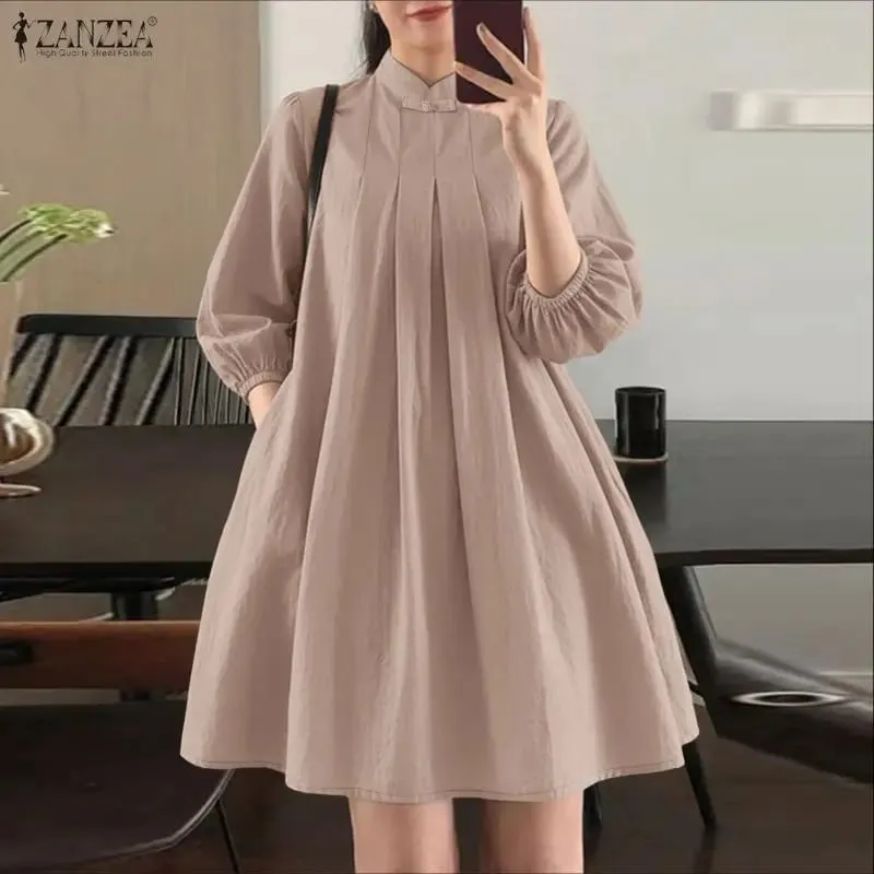 Summer Women's Elegant Pleated Dresses Stand Collar 3/4 Puff Sleeve Crinkled A-Line Knee-Length Dress Casual Robes Femme — image 4