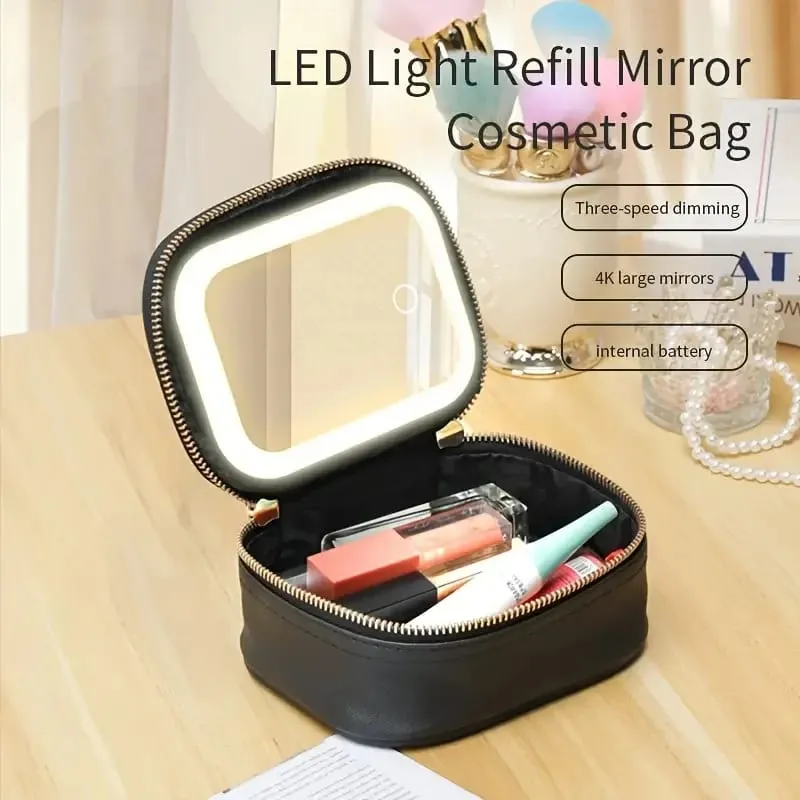 Portable Comestic Tools Storage Bag with LED Mirror Small Makeup Bag with 3 Light Modes Orangizer for Brushes and Lipstick — image 1