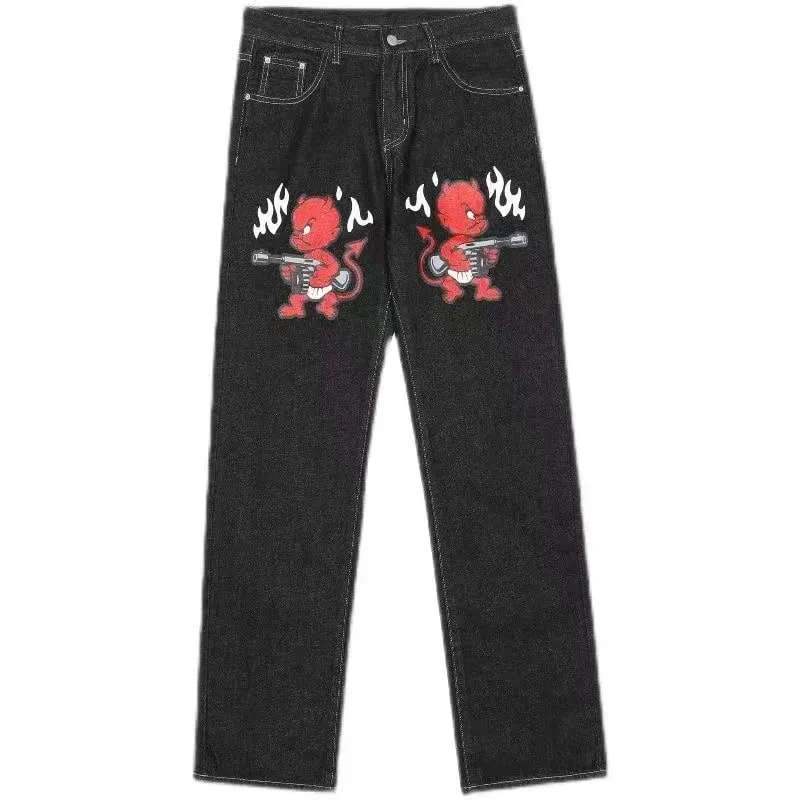 Men's Patch Five-pointed Star Washed Pink Fashionable Versatile Style Straight Leg Jeans Punnk Hip Hop Style Basic Denim Pants