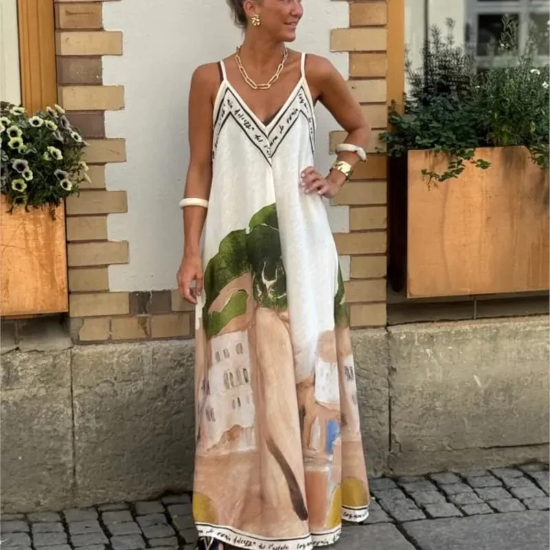 Casual Off Shoulder Hollow Swing Beach Dress Loose Suspender Summer Bohemian Dress Vintage Women V Neck Sleeveless Holiday Dress — image 4