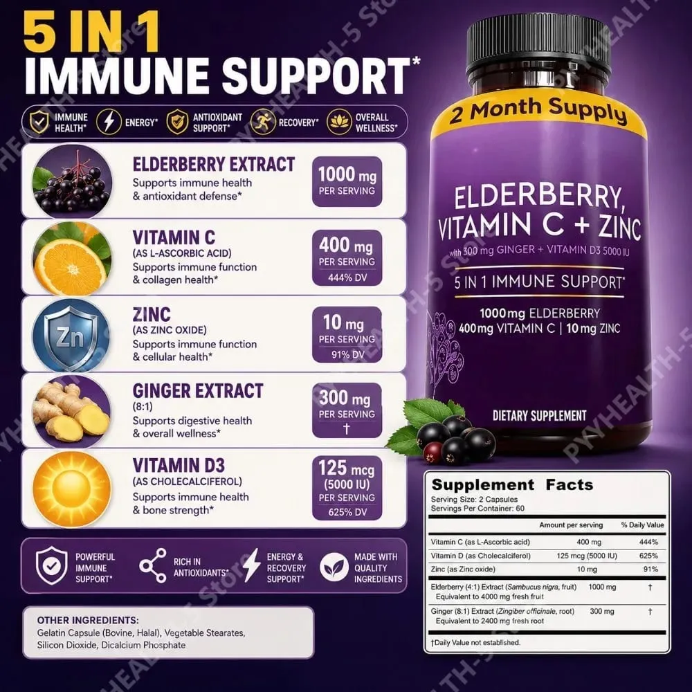 แคปซูล Elderberry พร้อมวิตามินซีสังกะสี D3 ขิง Sambucus Black Elderberry Herbal Blend การสนับสนุนสุขภาพรายวันสำหรับผู้ใหญ่ — image 3