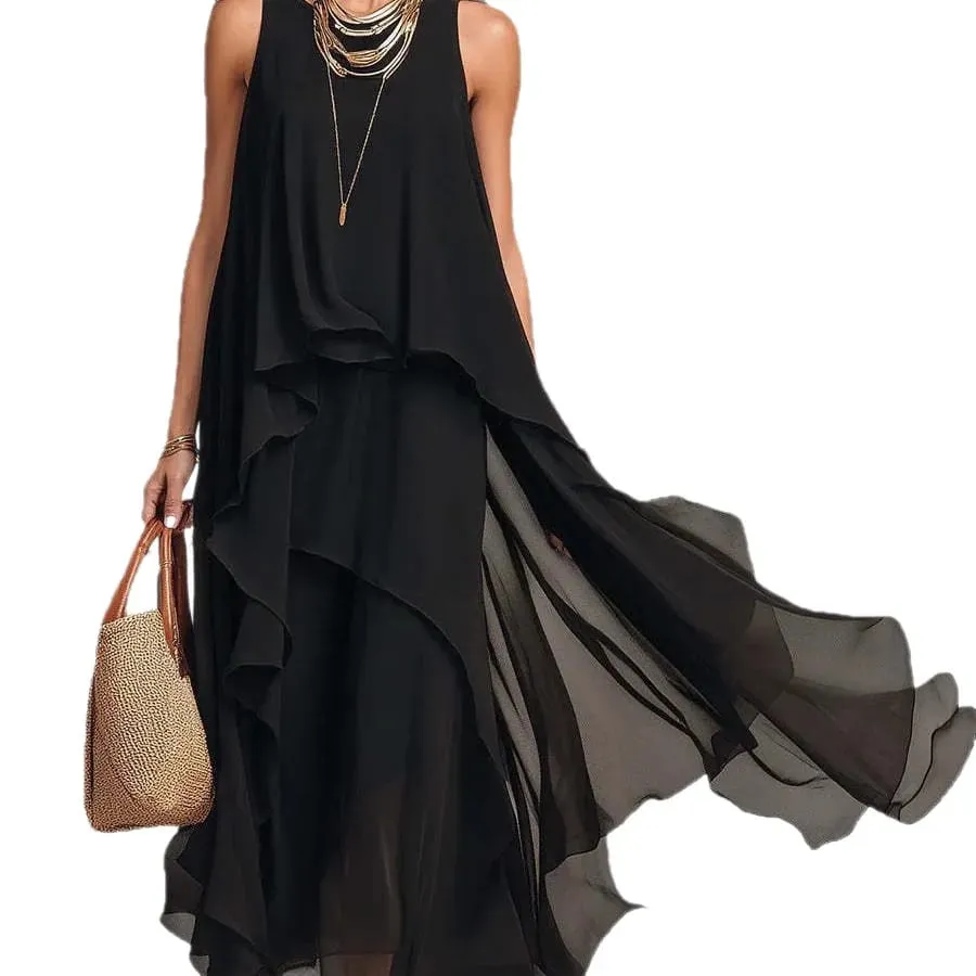 2026 New Black Sleeveless Irregular Chiffon Long Dress With Elegant Temperament For Women Dress — image 6