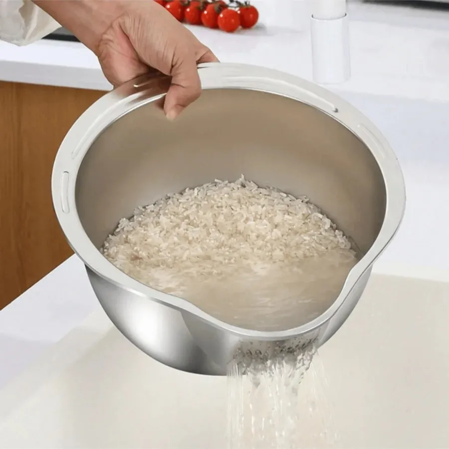 Stainless Steel Rice Washing Bowl with Drain Holes 2-in-1 Vegetable Fruit Strainer Colander Basket for Kitchen Sink — image 1