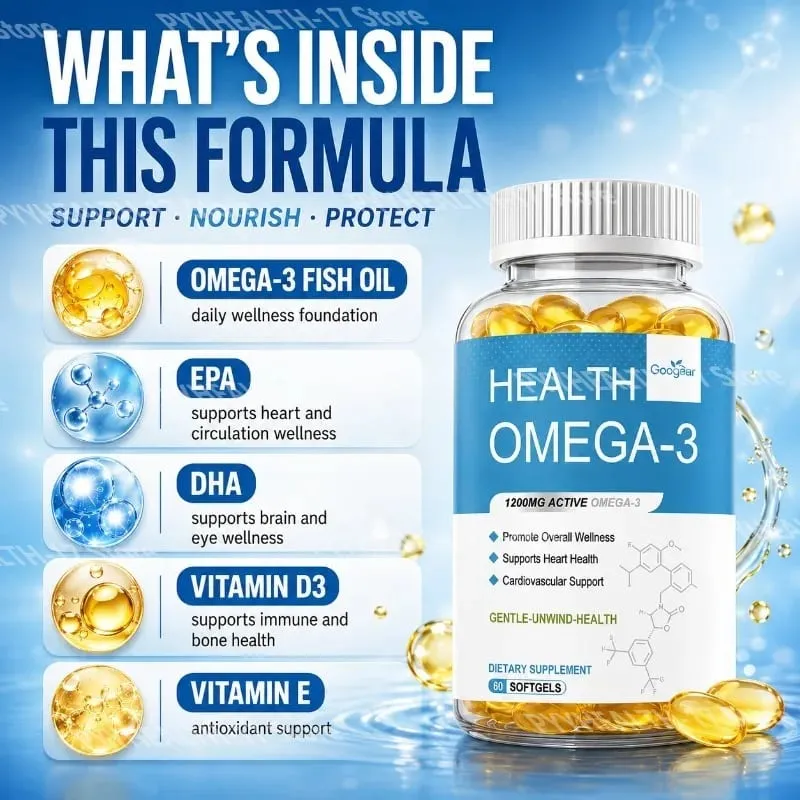 Omega-3 Softgels with 1200 Mg Active Omega-3 EPA and DHA Vitamin D3 and Vitamin E for Heart Health Support 60 Softgels
