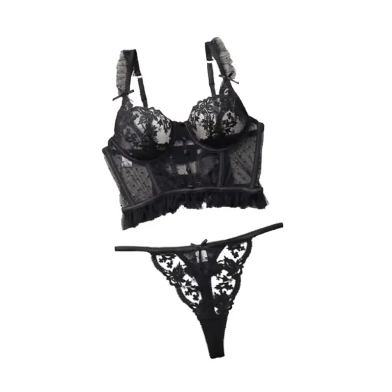 Sexy Bra Brief Set Ruffles Dot Lingerie Embroidery Flowers Solid Panties Underwear Lace Two Back Closure Intimate Exotic Sets — image 2