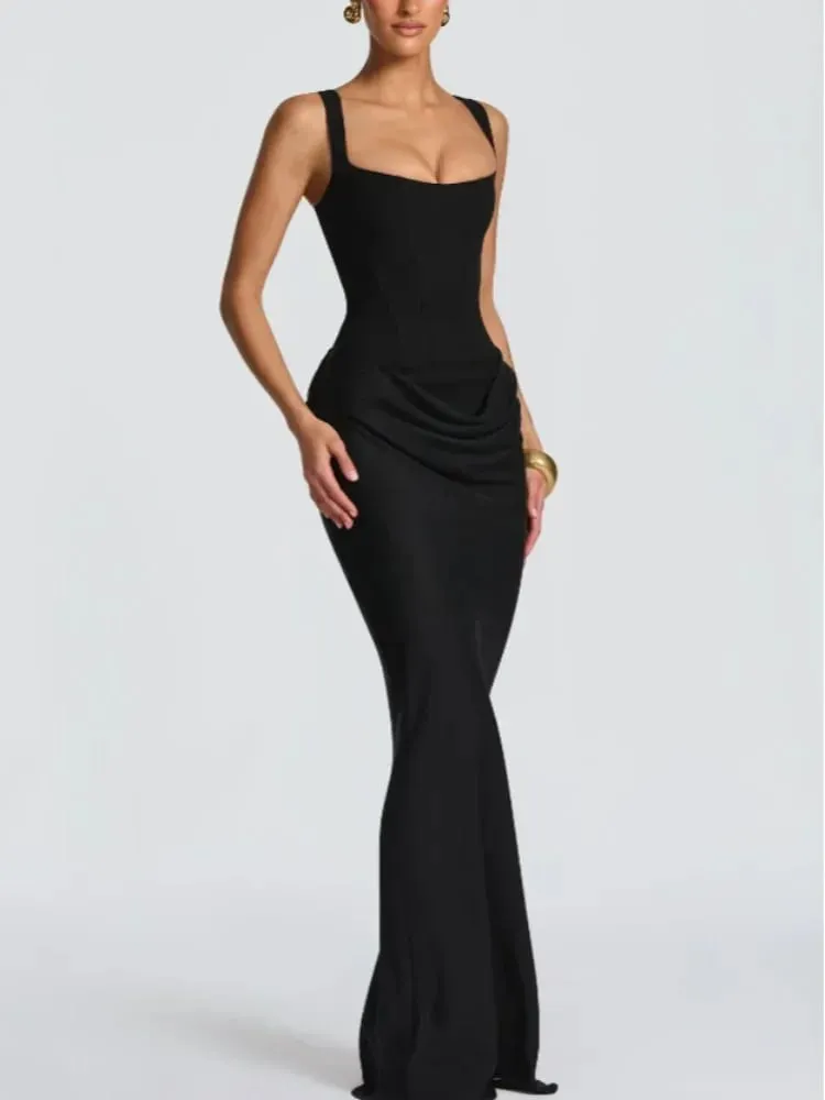 Lady Elegant Pleated Sling Dresses Solid Square Neck Sleeveless Off-shoulder Waist Cinching Dress Fashion Evening Party Gowns — image 5