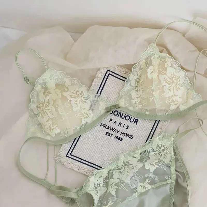 French Style Triangle Cup Bralette Embroidered Lace Wireless Hollow Out Pure Desire Lingerie Set CA MOYIU Sexy Bra Panty & Tushy — image 6