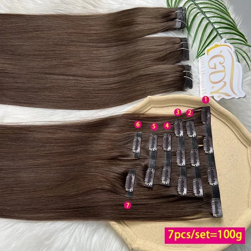#2 Color Invisible Seamless Clip in Hair Extensions Straight PU Weft Clips In Double Weft 100% Raw Virgin Human Hair 7PCS/100g — image 3