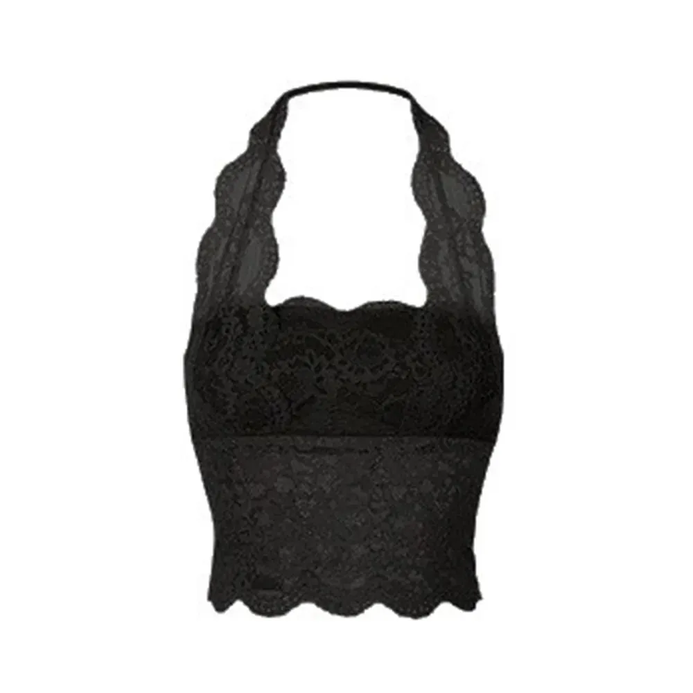 Chest Cushion Top Mesh Flower Lace Camisole Sleeveless Transparent Lace Crop Tops Bottoming Shirt Halter Neck Camisole Ladies