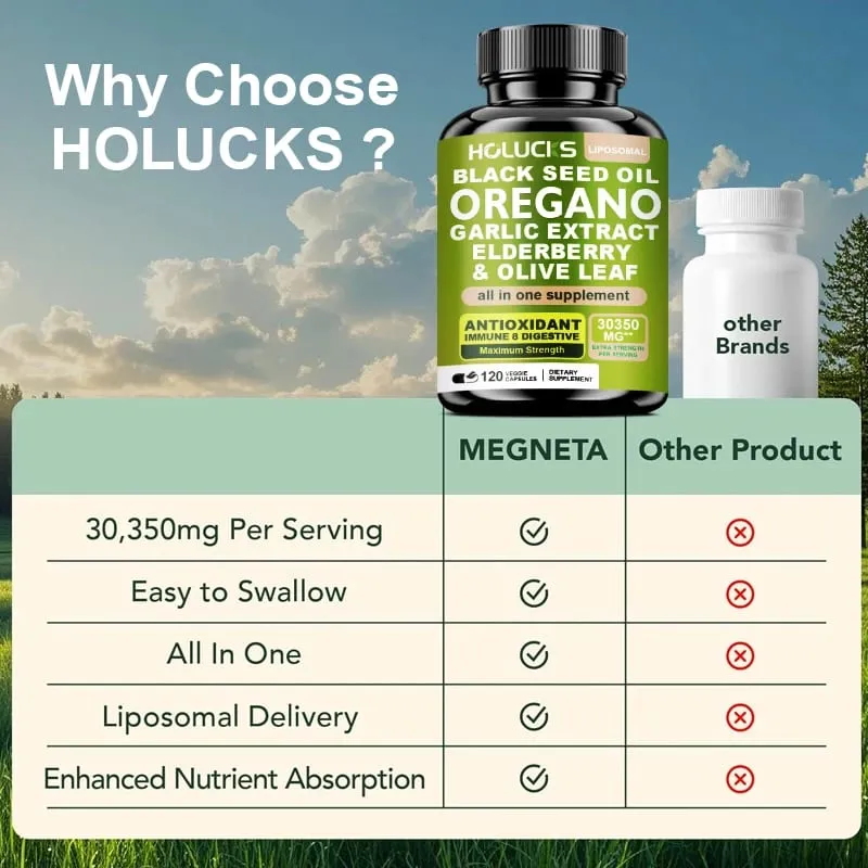 10 in One Oregano Oil Supplement Capsules Black Seed Oil Garlic Extract Elderberry - Immune & Digestive Support - 120 Pills