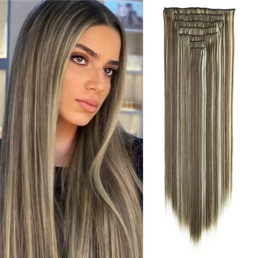 24 Inch Long Straight Clip In Hair Extensions 16 Pieces Thick Synthetic Hairpieces Soft Natural Synthetic Fibers