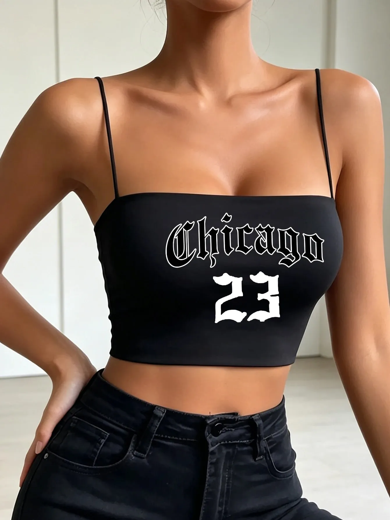 Lady Summer 'Chicago 23' Gothic-style Printed Thin Shoulder Strap Halter Top Y2K Retro Cool Girl Style Comfortable to Wear As — image 3