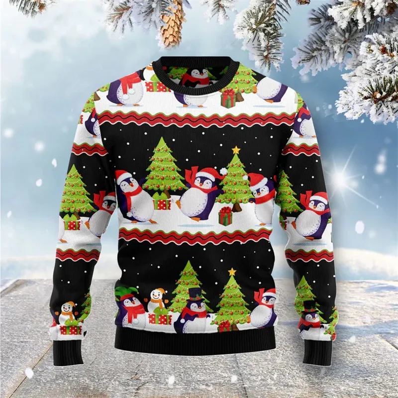 Funny Penguin Graphic Ugly Christmas Sweater For Men Fashion Autumn Holiday Wear 3D Printed Sweatshirts Loose Breathable Tops