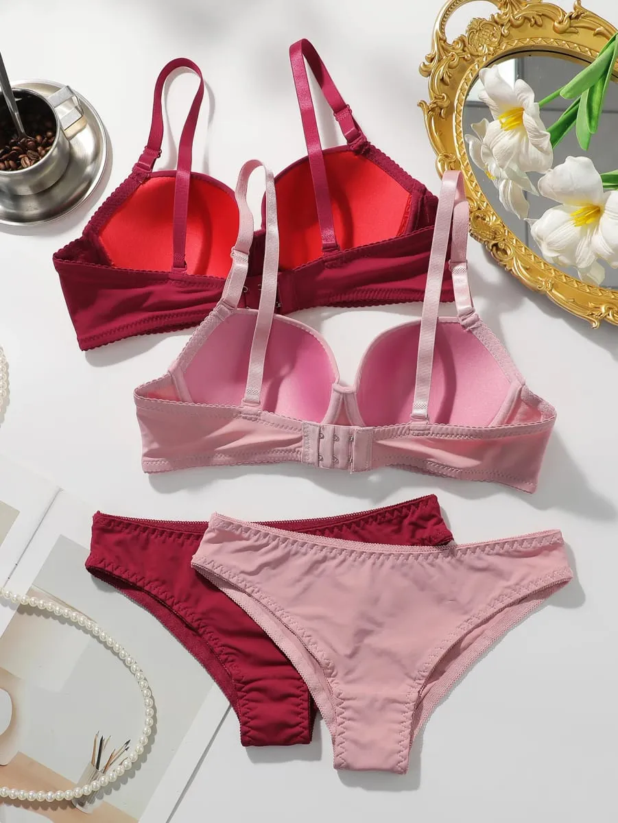 2 Packs Women's Underwire Padded Bra Sets Solid Push Up T-Shirt Bras with Matching Panties Sexy & Comfortable Everyday Lingerie — image 2