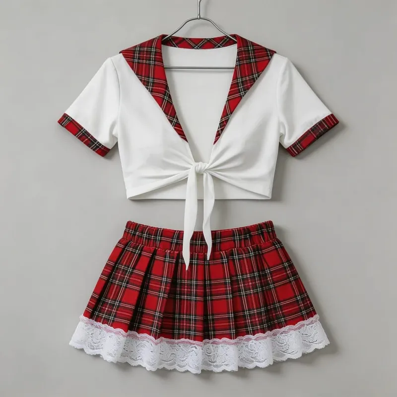Schoolgirl Cosplay Lingerie Set Red Plaid Tie Front Crop Top Lace Trim Mini Skirt Outfit