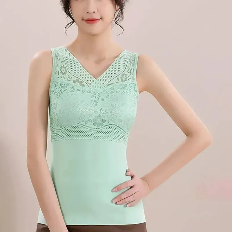 Women Winter Lace Padded Thermal Vests Soft Skin‑Friendly Undershirts Comfortable Sleeveless Inner Versatile Daily Tank Tops