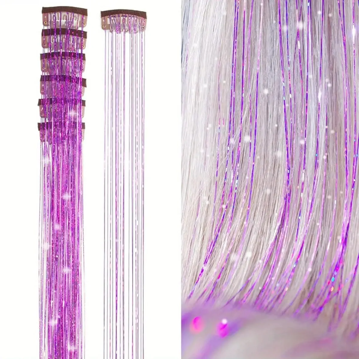 6Pcs Synthetic Hair Tinsel Clip in 19.6Inch Glitter Tinsel Hair Clip in Hair Tinsel Kit Heat Resistant Shiny Sparkle Fairy Hair — image 12
