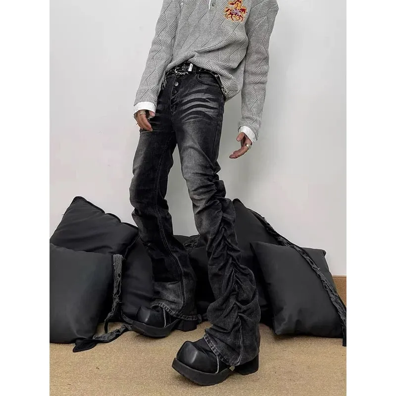 Spring Men's Flare Cargo Jeans Black Harajuku Japanese Low Rise Denim Pants Abi Y2k Bell Bottom American Retro Gyaru Bootcut New — image 2