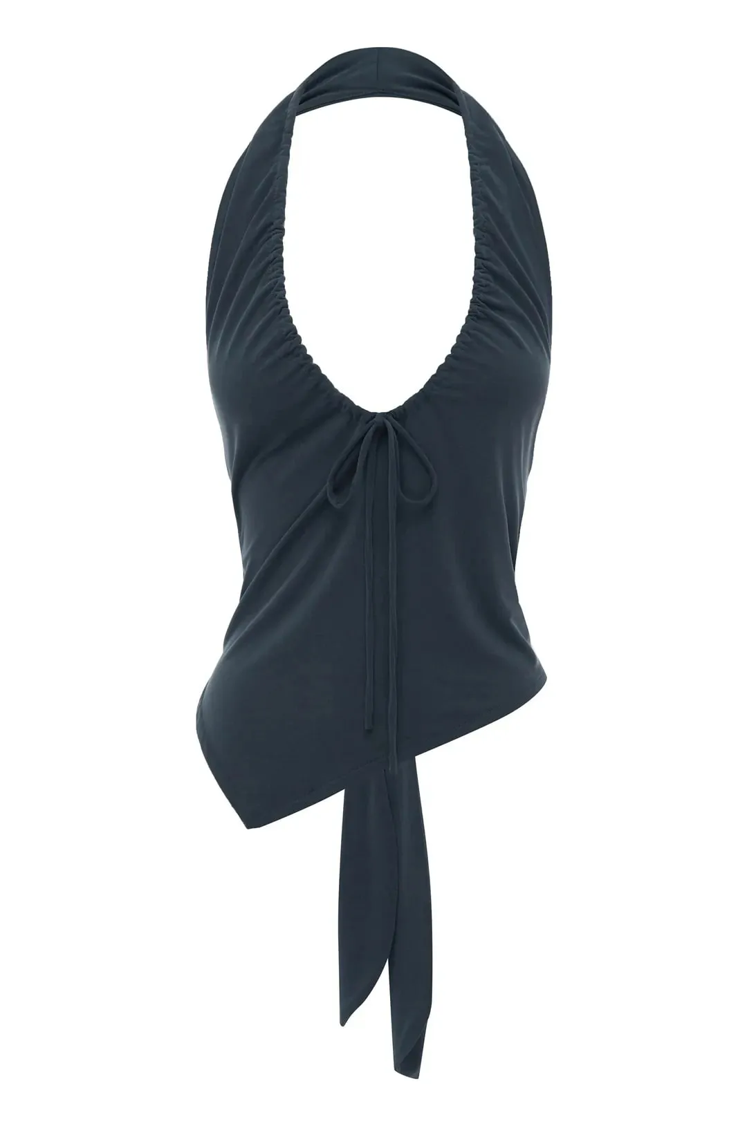 Wj Deep V Drawstring Halter Top with Back Tie Asymmetrical Hem Waist-Revealing Hot Girl Short Top Ruched Waist Tie-Back Diagonal Hem Sleeveless Top Backless Top